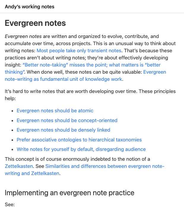Andy Matuschak’s Evergreen notes page with statement-style writing and linked notes including atomic notes and densely linked notes.