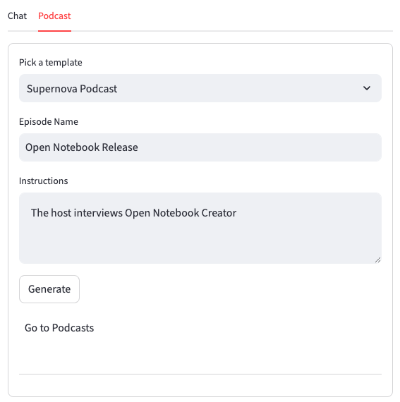 Open Notebook podcast generator with a template selector, episode name, instructions field, and Generate button.