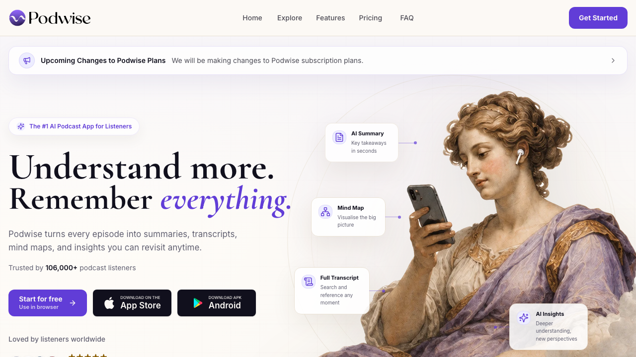 Podwise public page showing podcast summaries, transcripts, mind maps, and AI insights.