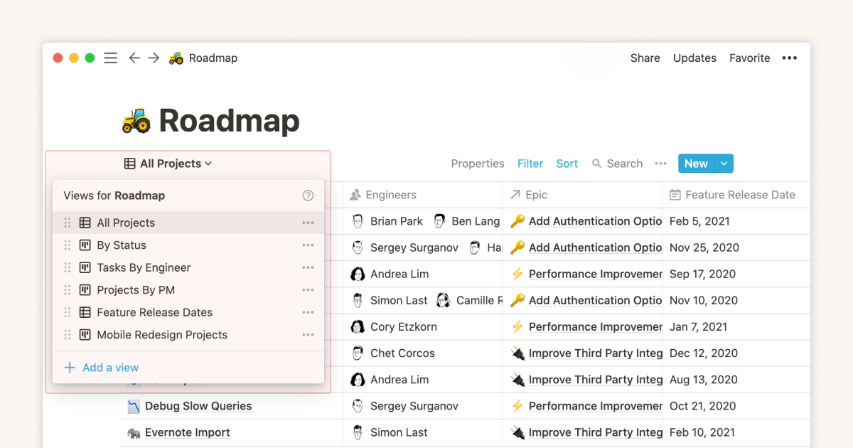 Official Notion Help Center screenshot showing database views in table, board, calendar, list, and gallery layouts.