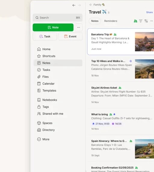 Evernote desktop navigation for notes, tasks, notebooks, and tags beside a list of saved notes.