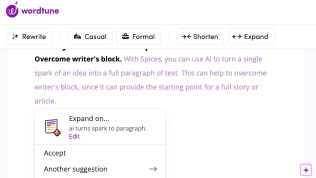 Wordtune editor with Rewrite, tone, Shorten and Expand controls beside an expansion suggestion.