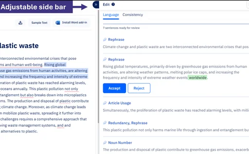 Crop of Paperpal’s academic editor showing sample draft text beside language-review suggestions and accept or reject controls.