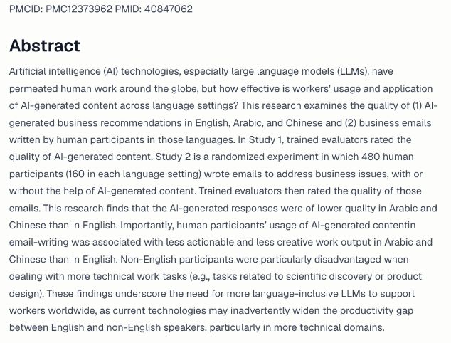 Complete original abstract of Wesley W. Koo’s 2025 cross-lingual AI study, displayed as unchanged source text in Atlas’s extracted reader.