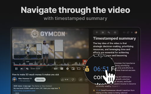 Eightify timestamped-summary panel at 06:51 beside a YouTube video.